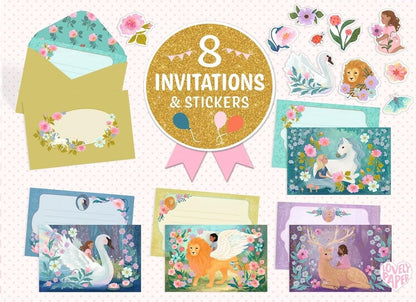 Cartes d'invitation illustrées avec créatures magiques et animaux fantastiques