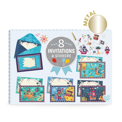 Set de cartes d'invitation pirates Tous à Bord avec enveloppes et stickers