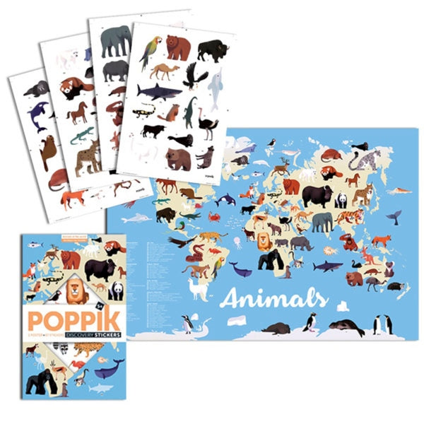 Poster animaux du monde enfant Poppik – 67 stickers – Carte du monde éducative (5–12 ans) poppik