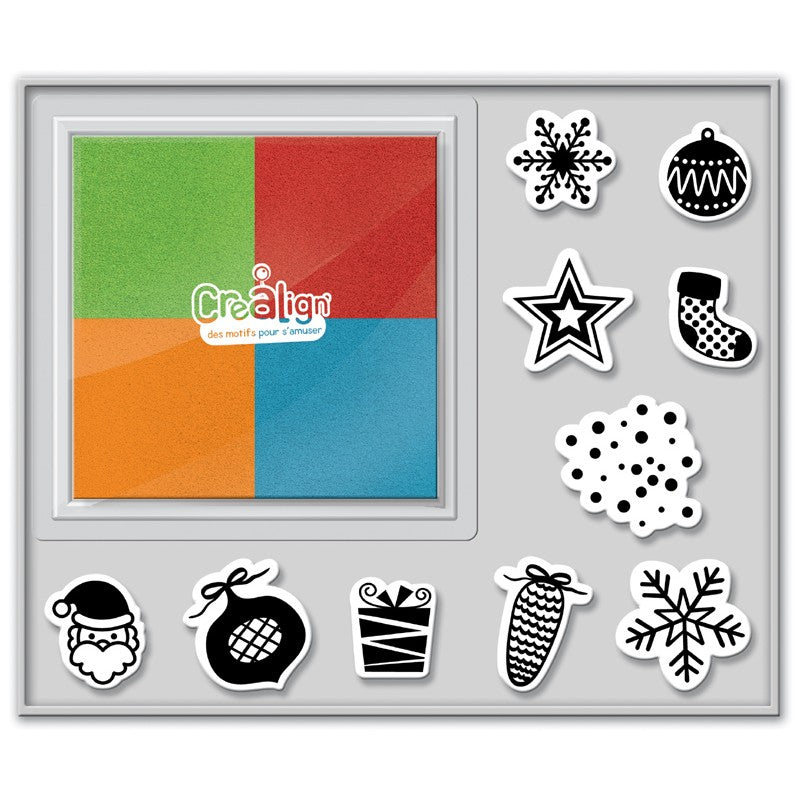 Tampons et encreur 4 couleurs du kit Créa Lign Décors de Noël.