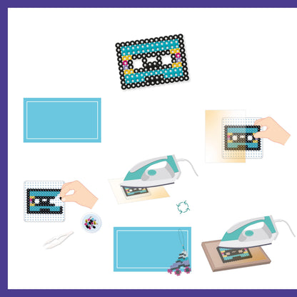 Contenu du kit Rétro 90's avec 750 perles plaques pince porte-clés et papier à repasser
