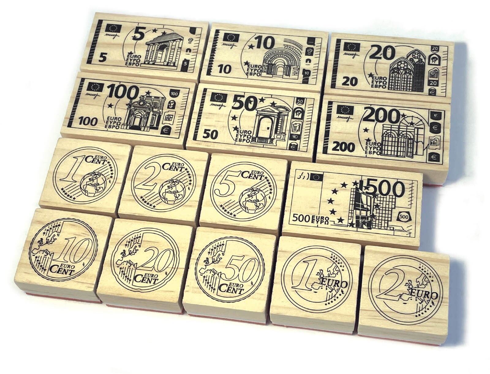 Coffret Kit Tampons Euro Crealign avec 15 tampons bois représentant billets et pièces.