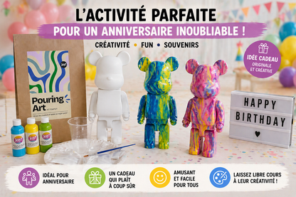 Kit anniversaire DIY Pouring Art Ourson Lego – Lot de 4 à 12 figurines à peindre JOY!