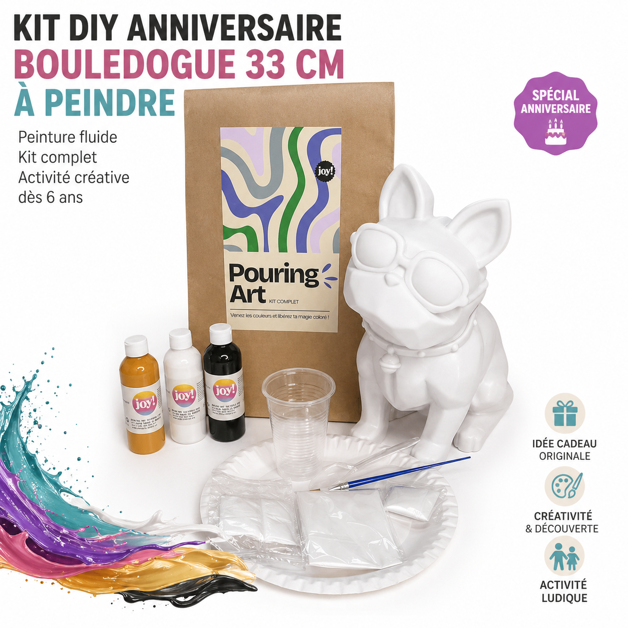 Kit Anniversaire DIY Pouring Art Bouledogue 33 cm – Figurine Géante à Peindre (Lot de 4 à 14) JOY!