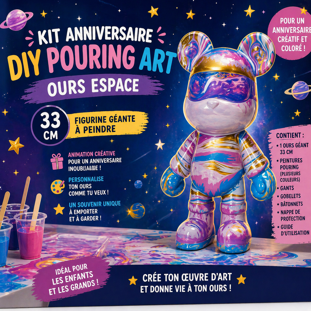 Kit Anniversaire DIY Pouring Art Ours Espace 33 cm – Figurine Géante à Peindre (Lot de 4 à 12) JOY!