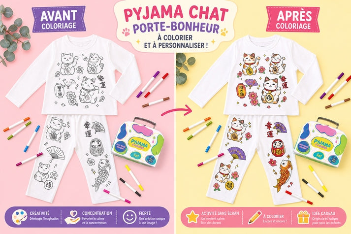 Kit Anniversaire Pyjama à Colorier Chat Porte-Bonheur – Activité Créative Enfant | Joy Cadeaux JOY!
