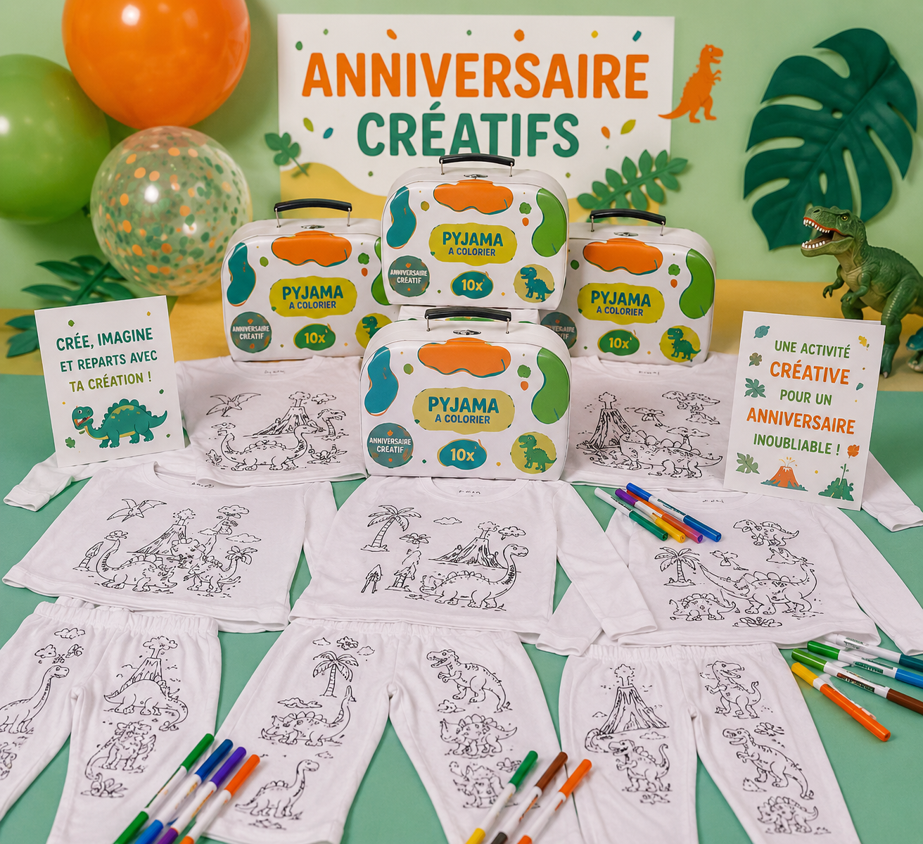 Kit Anniversaire Pyjama à Colorier Dinosaure Rigolo – Activité Créative Enfant JOY!