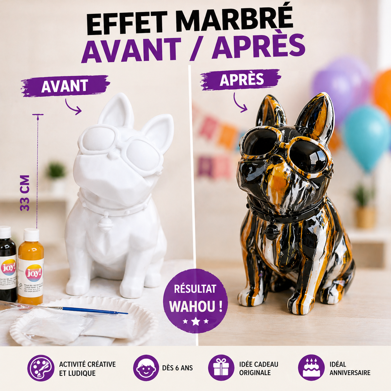 Kit Anniversaire DIY Pouring Art Bouledogue 33 cm – Figurine Géante à Peindre (Lot de 4 à 14) JOY!