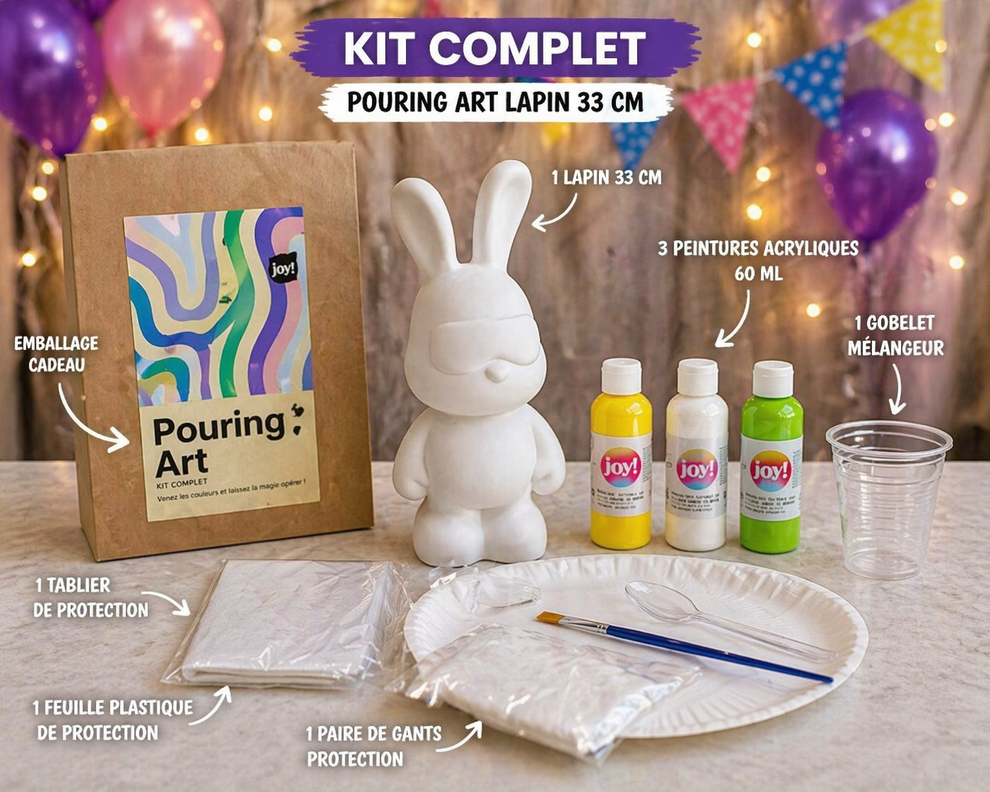 Kit Anniversaire Fluid Painting Lapin 33 cm – Figurine géante à personnaliser + 3 peintures JOY!