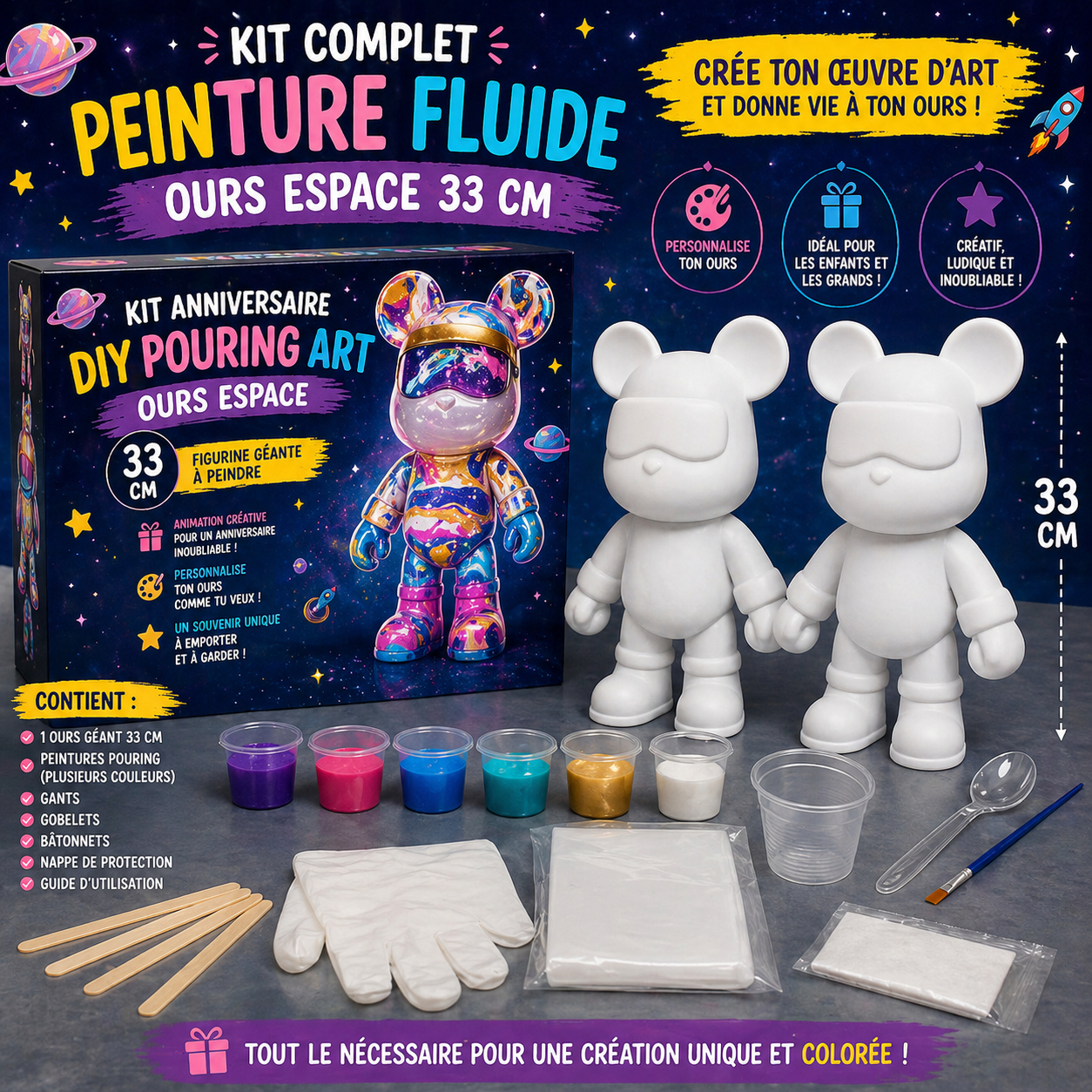 Kit Anniversaire DIY Pouring Art Ours Espace 33 cm – Figurine Géante à Peindre (Lot de 4 à 12) JOY!