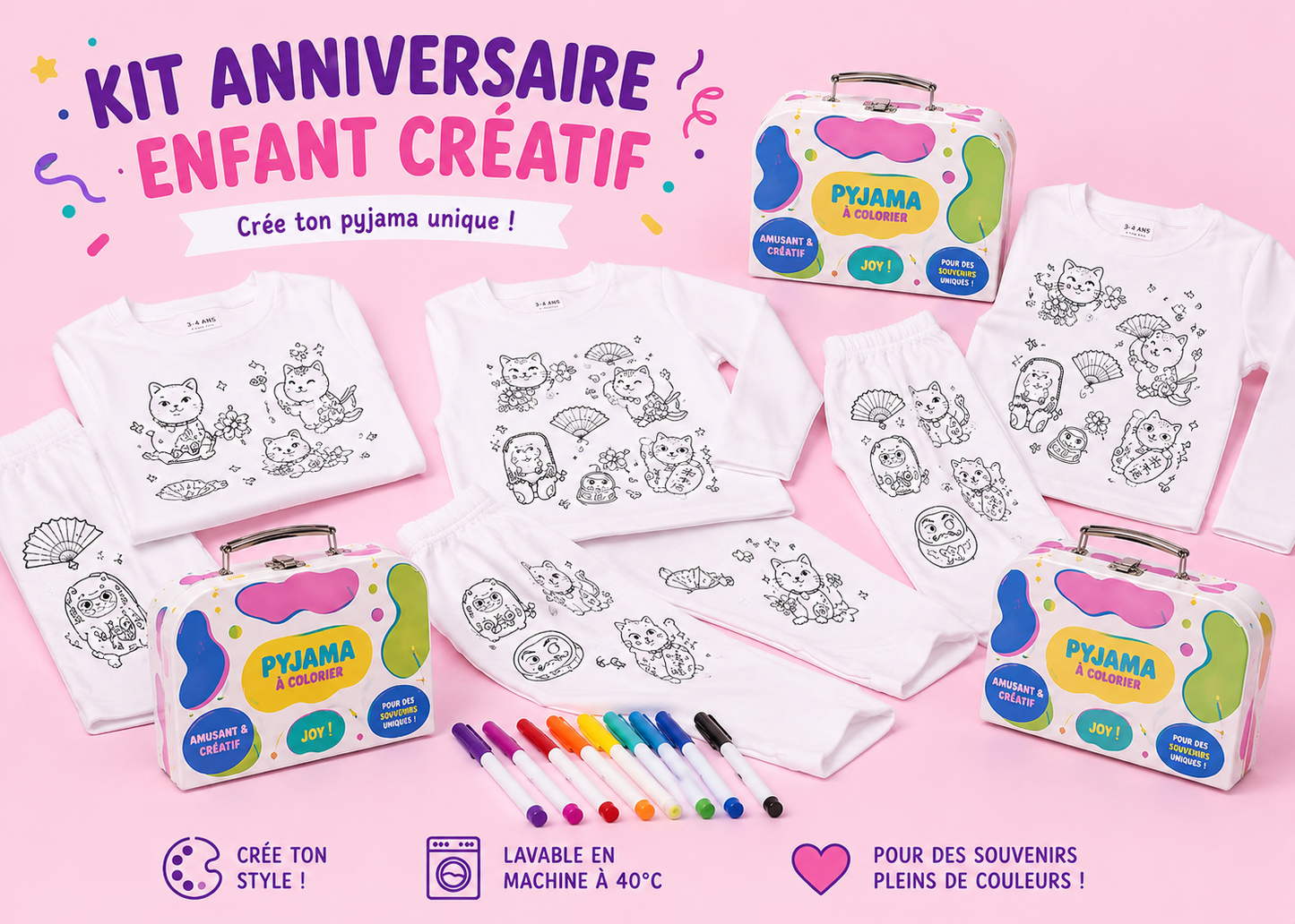 Kit Anniversaire Pyjama à Colorier Chat Porte-Bonheur – Activité Créative Enfant | Joy Cadeaux JOY!