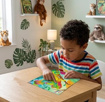 Enfant réalisant un tableau Caméléon avec des strass autocollants