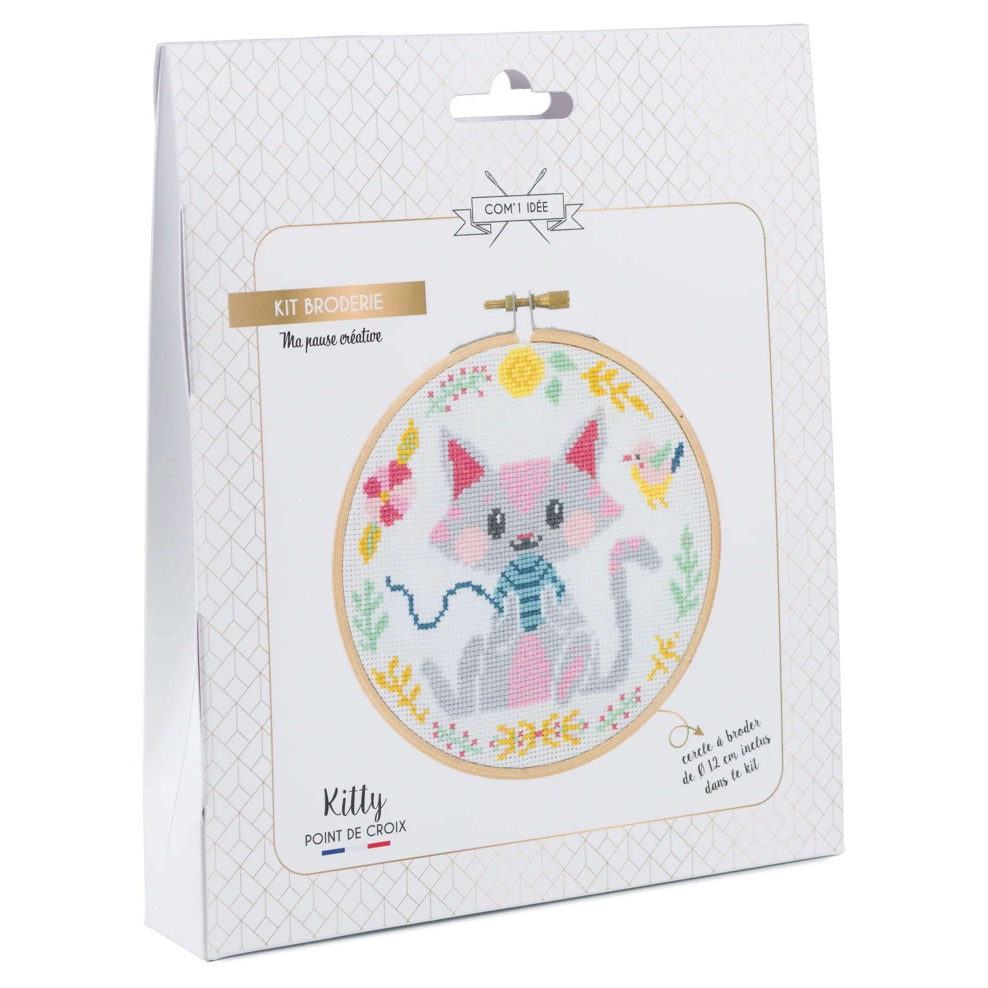 Kit Point de Croix “Kitty” – Kit Broderie Débutant avec Tambour Bois Com'1 Idée