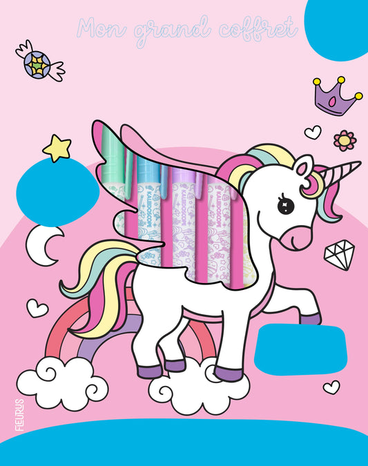 Licornes Magiques – Coffret Coloriage avec Feutres Pastel, Jeux & Stickers Edition Fleurus