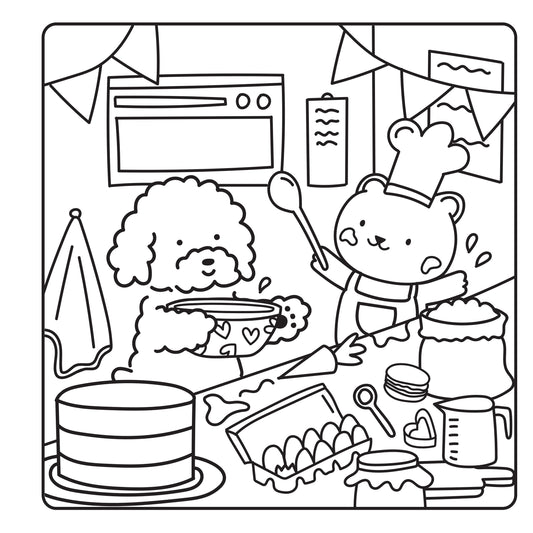 Livre de coloriage avec animaux mignons profitant de moments cocooning à la maison