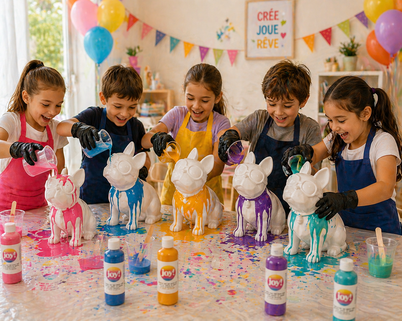 Kit Anniversaire DIY Pouring Art Bouledogue 33 cm – Figurine Géante à Peindre (Lot de 4 à 14) JOY!