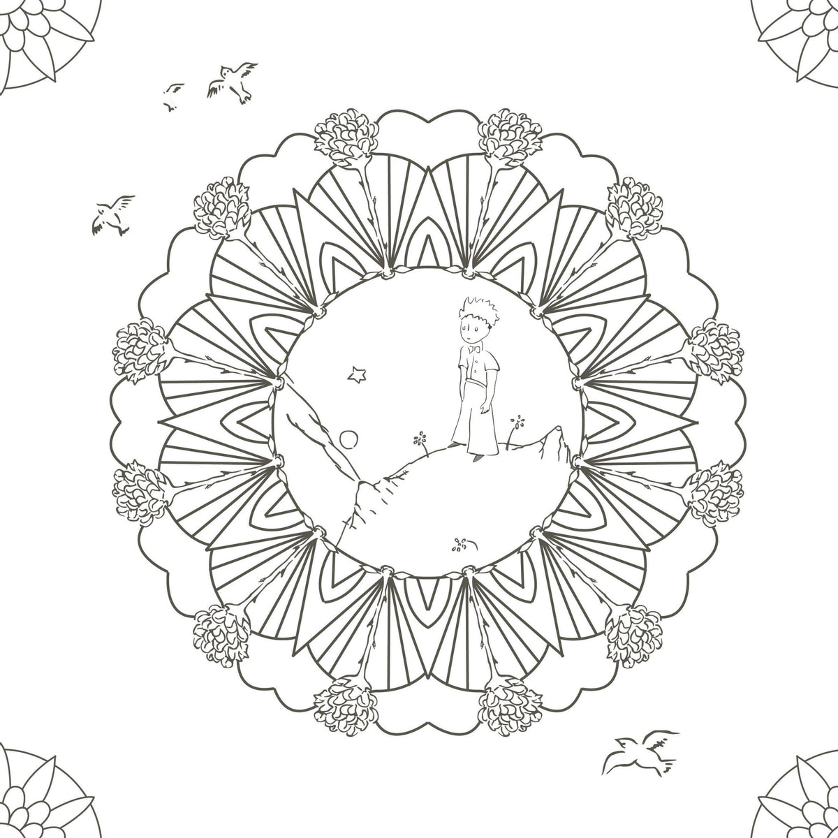Grand mandala inspiré de l'univers du Petit Prince à colorier