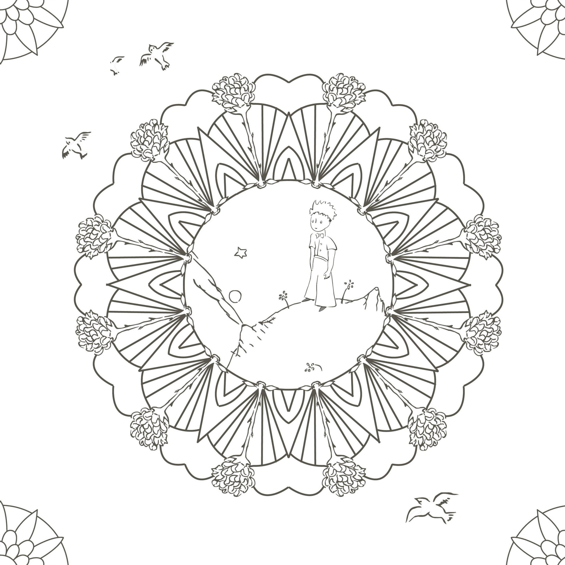 Grand mandala inspiré de l'univers du Petit Prince à colorier