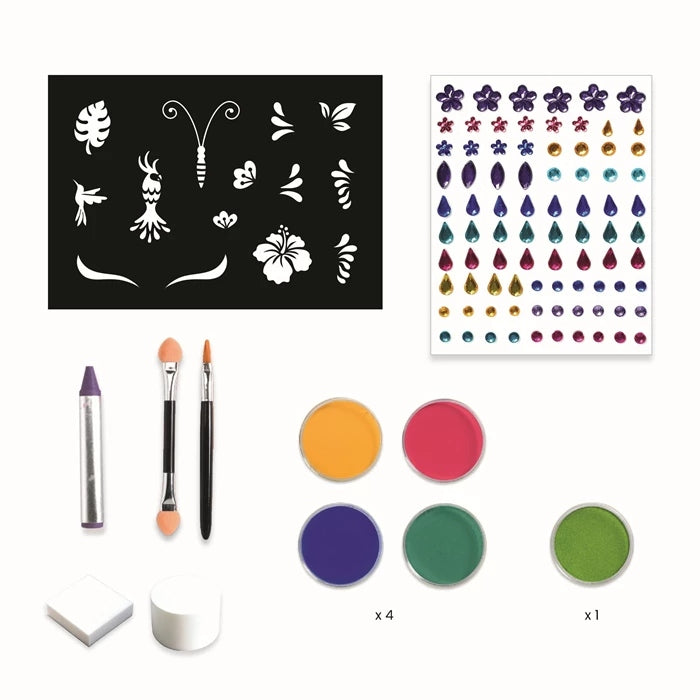 Maquillage perroquet tropical réalisé avec le Set de Maquillage Rio de Janeiro