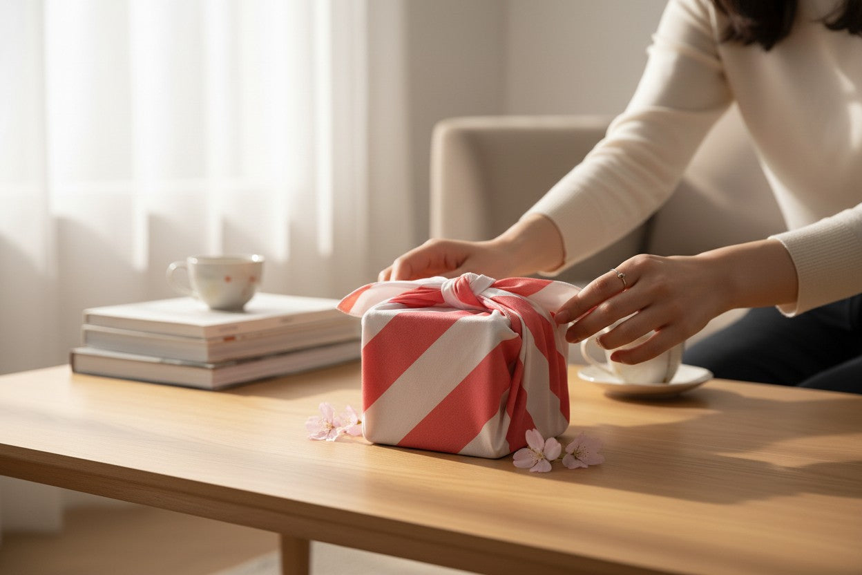 Furoshiki Rayures Roses en coton – Emballage cadeau zéro déchet (4 tailles) Machatatelier