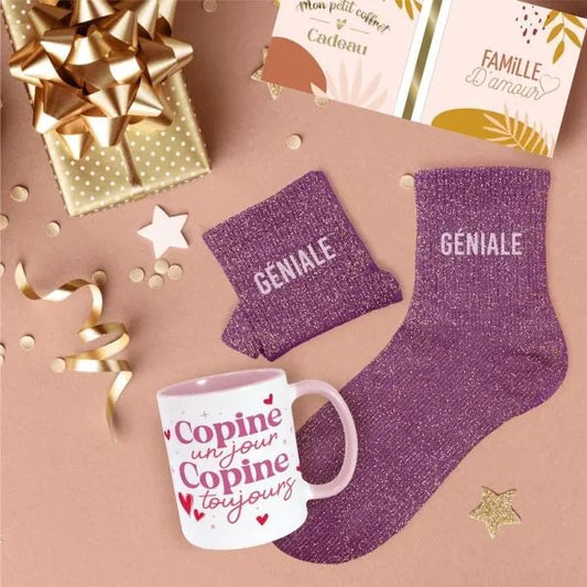 Coffret Cadeau Copine Géniale – Mug & Chaussettes Pailletées JOY!