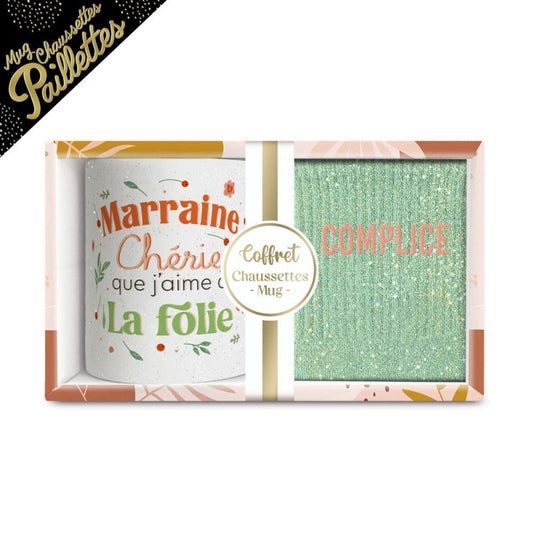 Coffret Cadeau Marraine Chérie – Mug & Chaussettes Pailletées JOY!