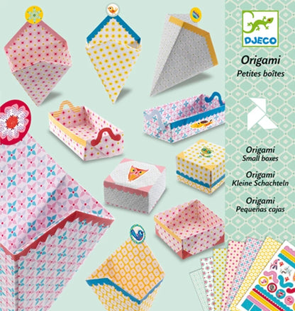 Kit Origami Petites Boîtes Djeco avec feuilles illustrées pour fabriquer des boîtes en papier