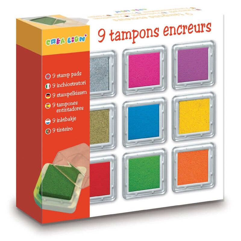 Coffret Crealign de 9 encreurs carrés multicolores lavables pour loisirs créatifs.