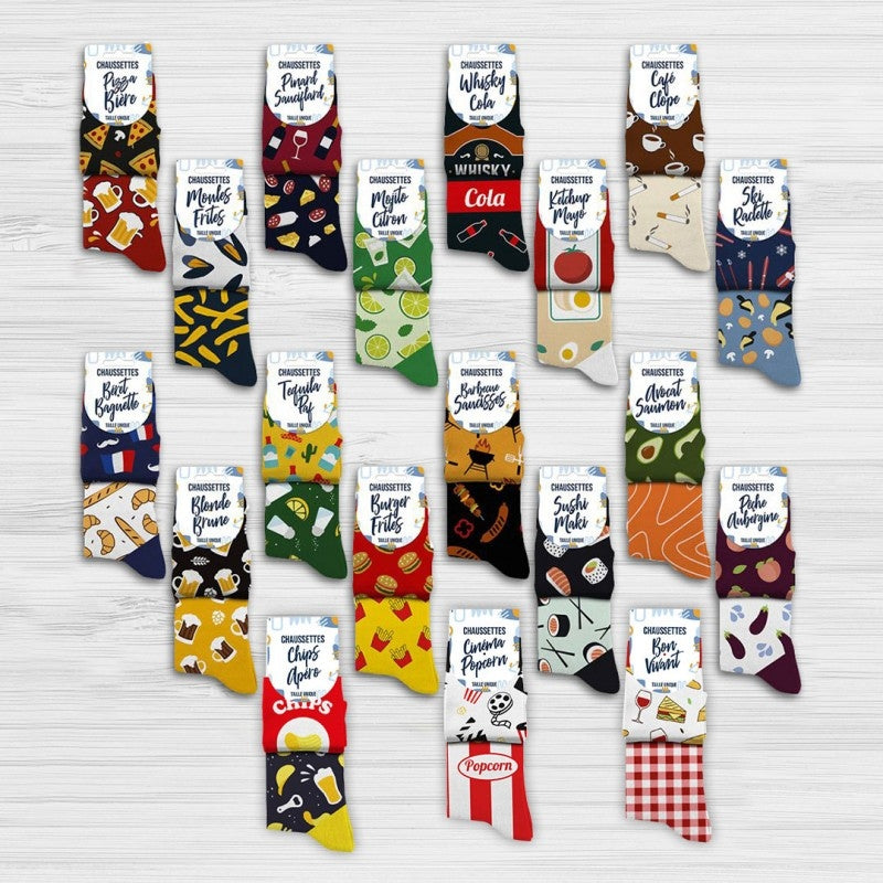 Chaussettes Humoristiques “Ski / Raclette” – Duo Montagne Fun (Taille Unique) JOY!