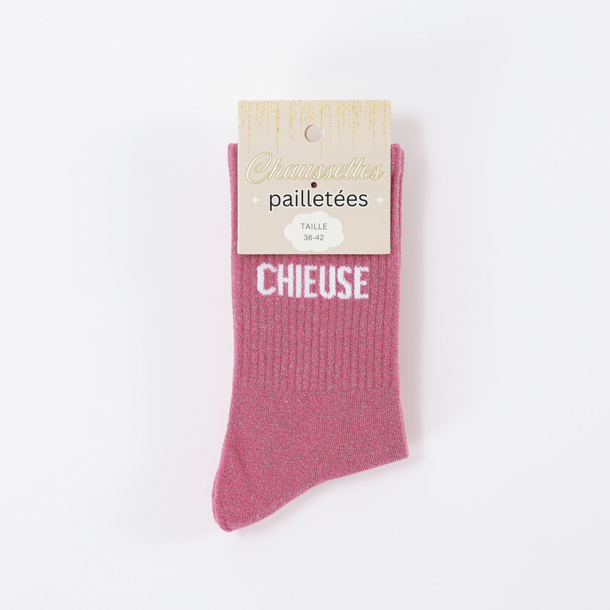 Chaussettes CHIEUSE Rose à Paillettes – Message Fun (36-42) JOY!