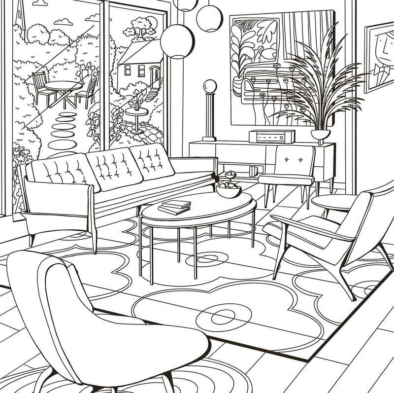 Pages du livre avec scènes de décoration à colorier