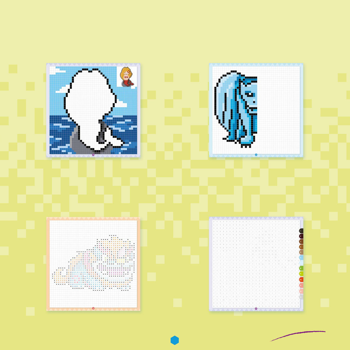 Modèle de licorne en pixel art à reproduire sur une grille de coloriage