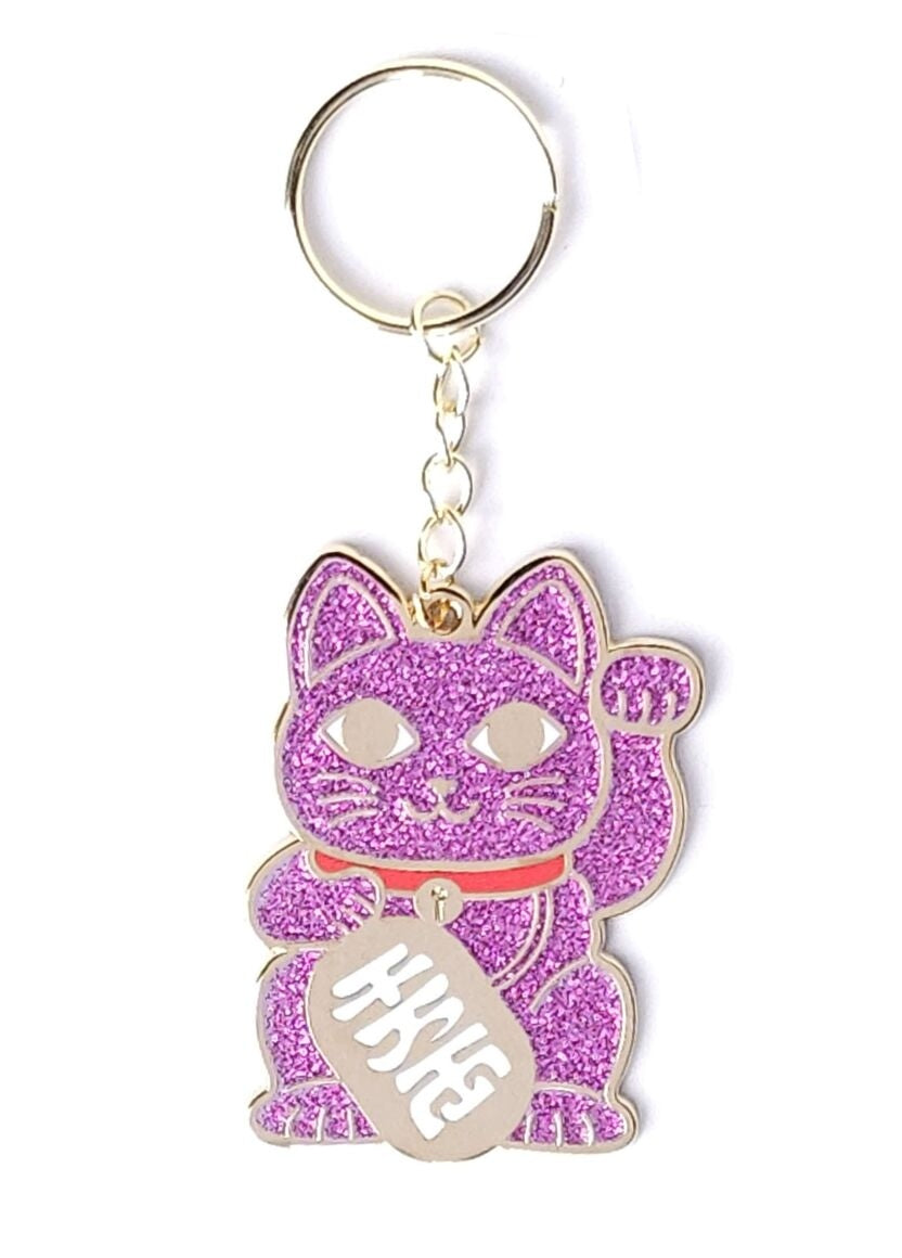 Porte-clés Maneki Neko rose pailleté – Chat porte-bonheur doré studio inktvis
