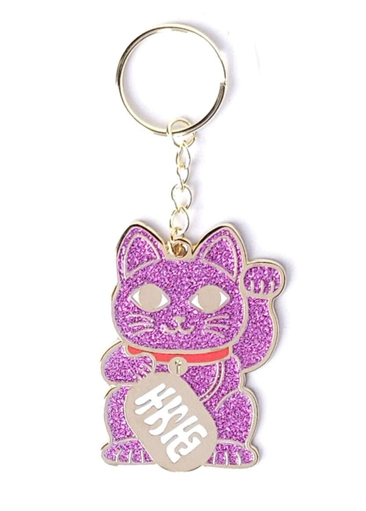 Porte-clés Maneki Neko rose pailleté – Chat porte-bonheur doré studio inktvis