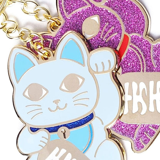 Porte-clés Maneki Neko rose pailleté – Chat porte-bonheur doré studio inktvis