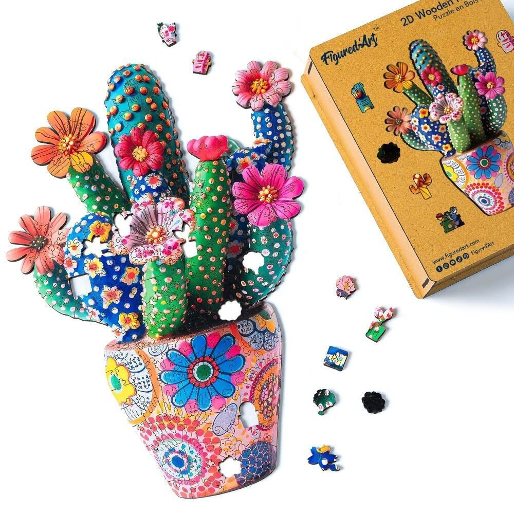 Puzzle en bois 200 pièces motif cactus fleuri en pot – vue complète