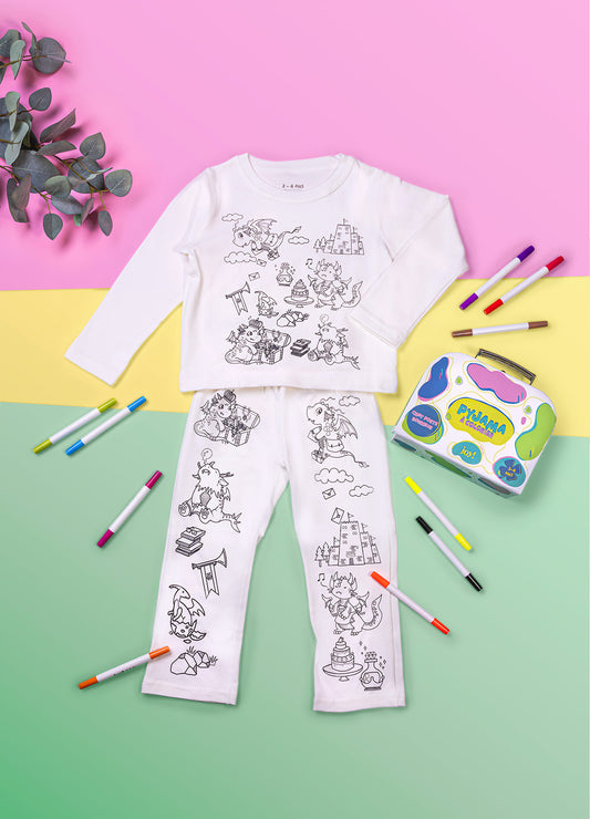 Pyjama à colorier Dinosaure Rigolo – Garçon | Coffret créatif JOY! avec feutres lavables JOY!