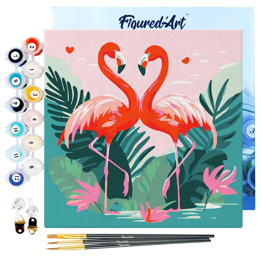 Mini Peinture par Numéros - Kit DIY 20x20cm avec cadre Flamants Roses Tropicaux Figured'art