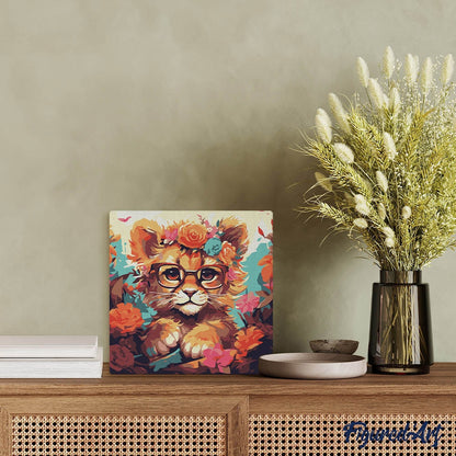 Mini Peinture par Numéros 20x20cm avec cadre Lionceau fantaisie et fleurs Figured'art