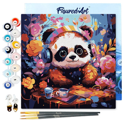 Mini Peinture par Numéros 20x20cm avec cadre Panda fantaisie et fleurs Figured'art