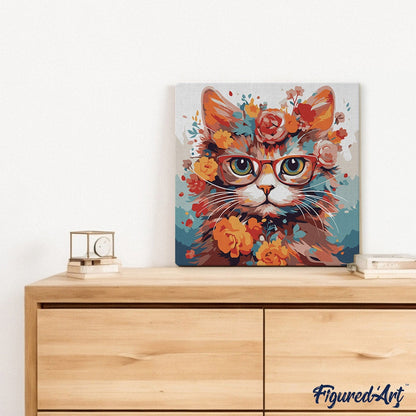 Mini Peinture par Numéros 20x20cm avec cadre Chaton fantaisie et fleurs Figured'art
