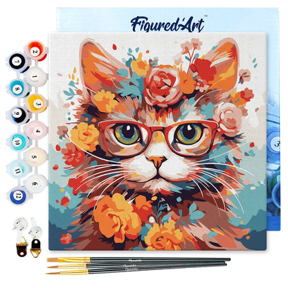 Mini Peinture par Numéros 20x20cm avec cadre Chaton fantaisie et fleurs Figured'art