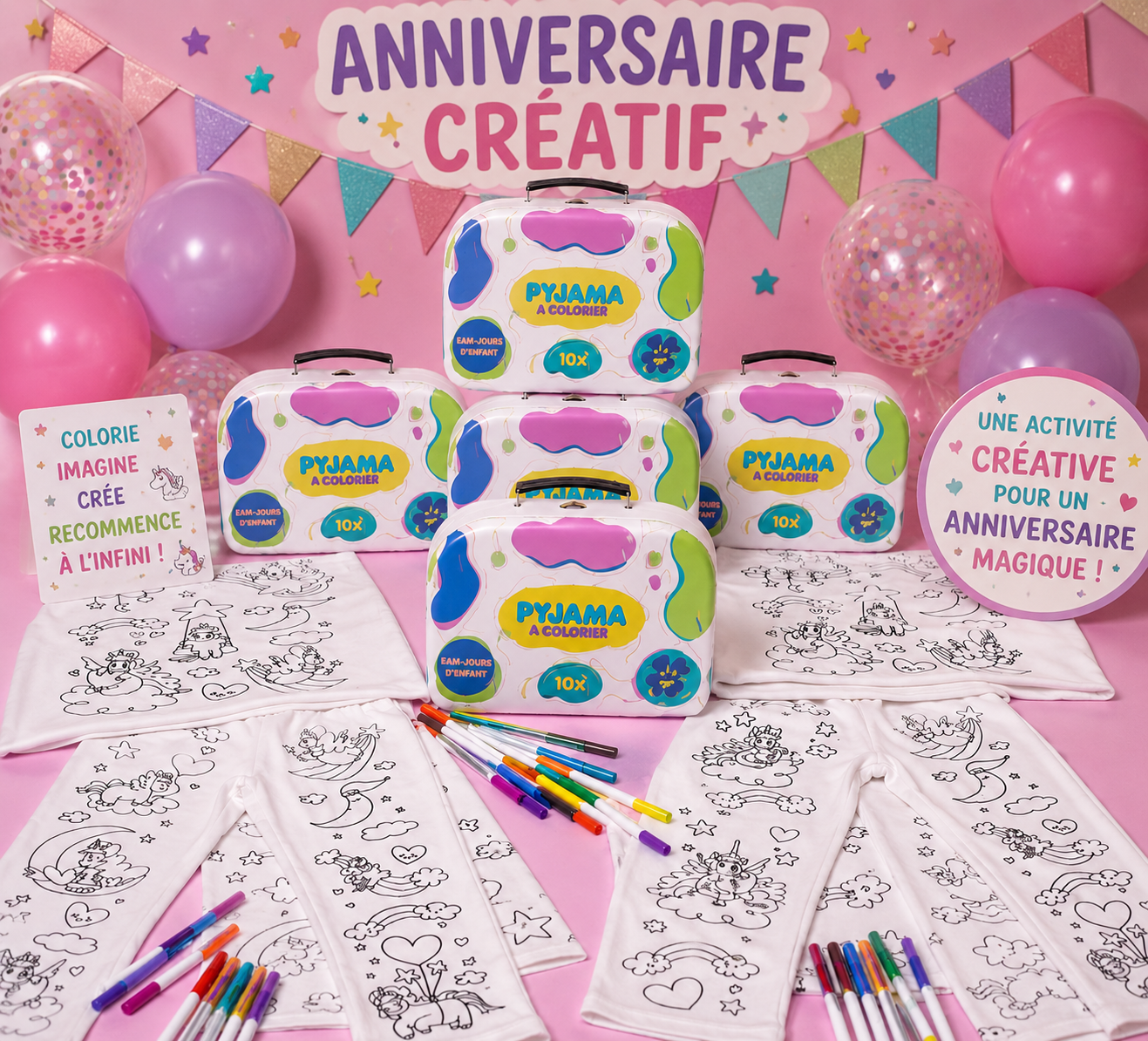 Kit Anniversaire Pyjama Licorne à Colorier – Activité Créative Sans Écran pour Enfants JOY!