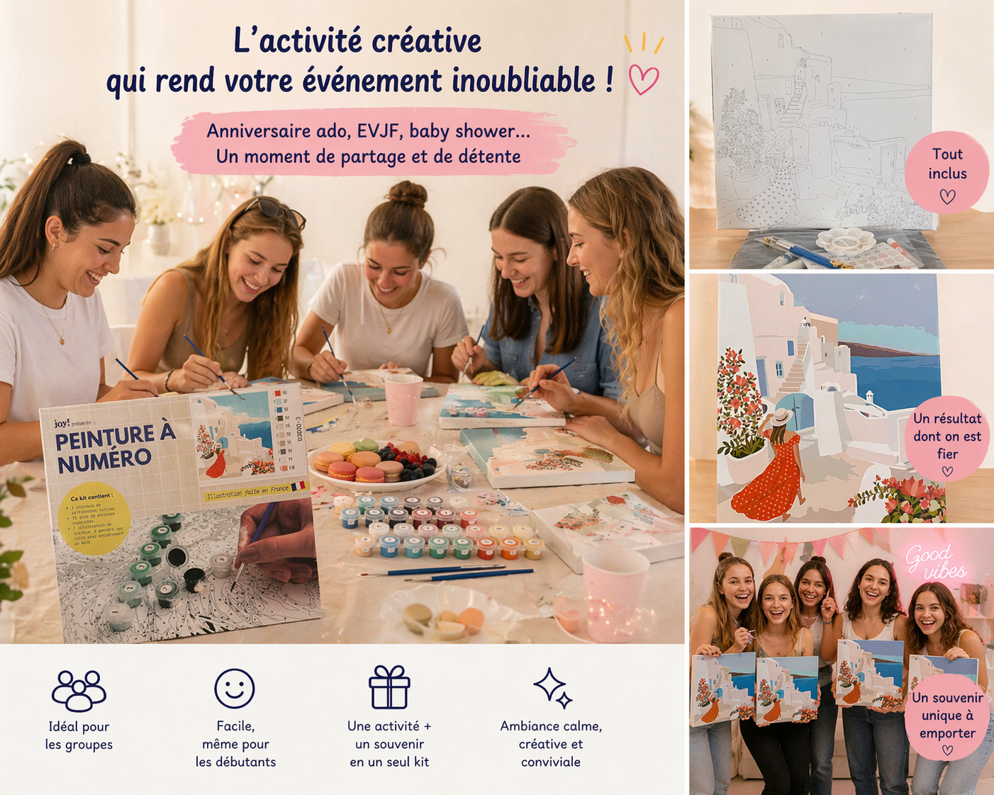 Kit Anniversaire Ado Peinture par Numéros Voyage à Santorin – Lot de 6 à 12 Kits 30x30 cm JOY!