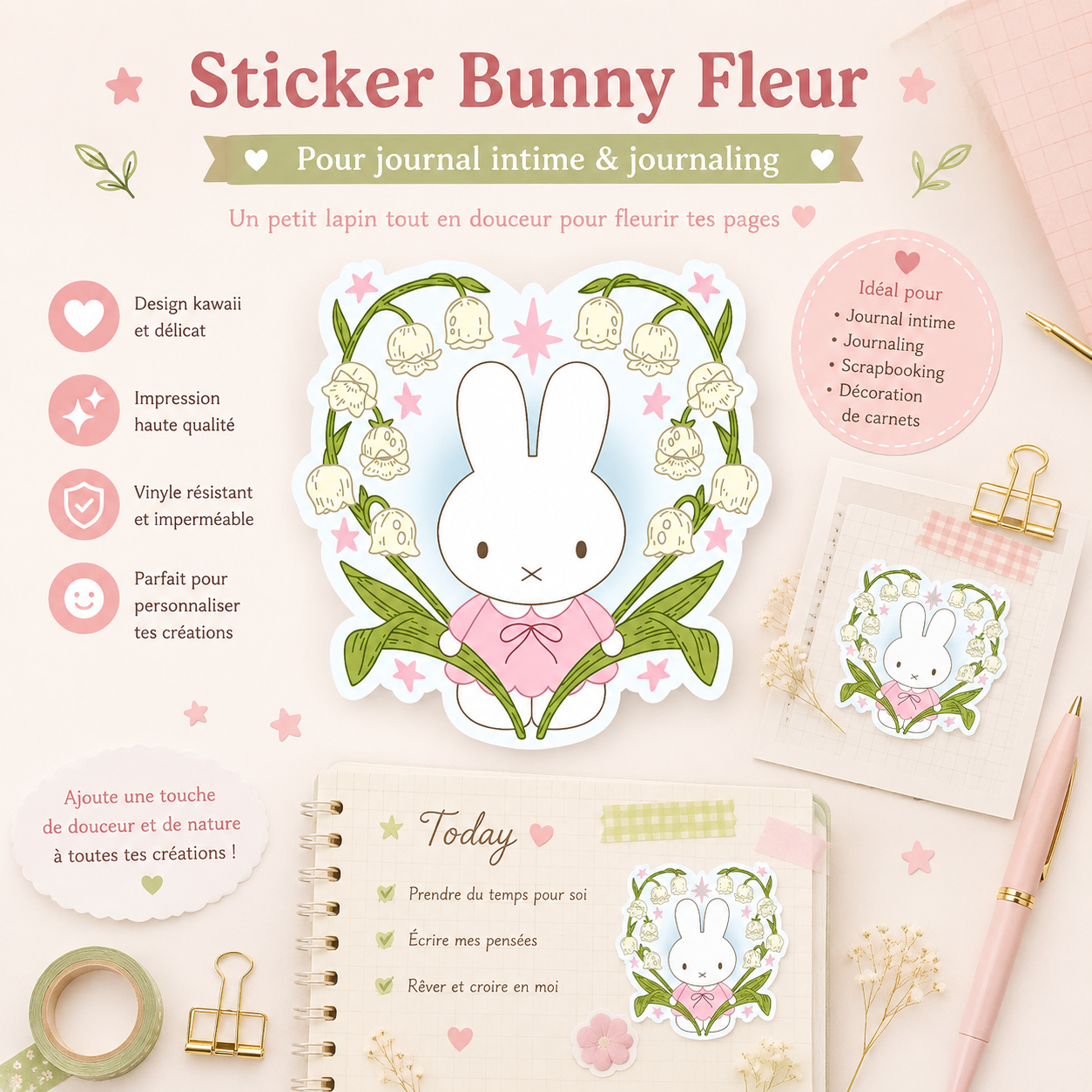 Sticker Bunny Fleur Holographique – Autocollant Kawaii Lapin Floral Liviaa.studio
