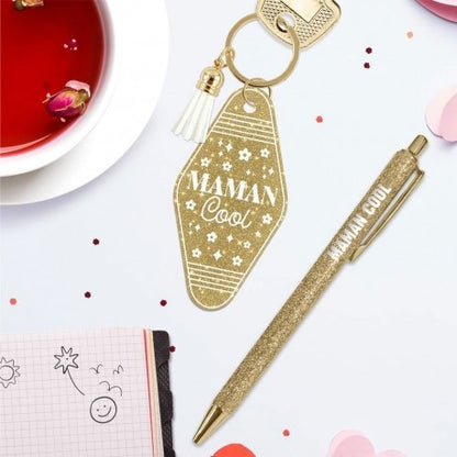 Coffret Duo Paillettes “Maman Cool” – Stylo & Porte-Clés Humoristique Femme | Girls Club JOY!