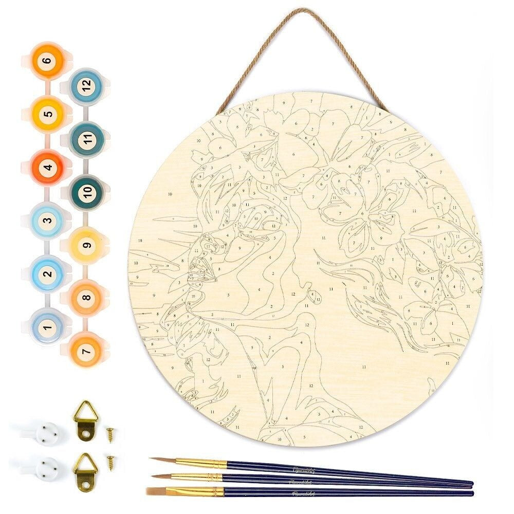 Peinture par numéros – Disque en bois Femme florale Ø 30 cm – Kit DIY décoratif Figured'art