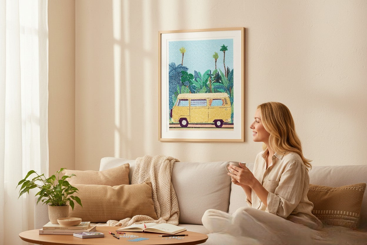 Tableau diamond painting Van Life terminé décoration murale chaleureuse et estivale