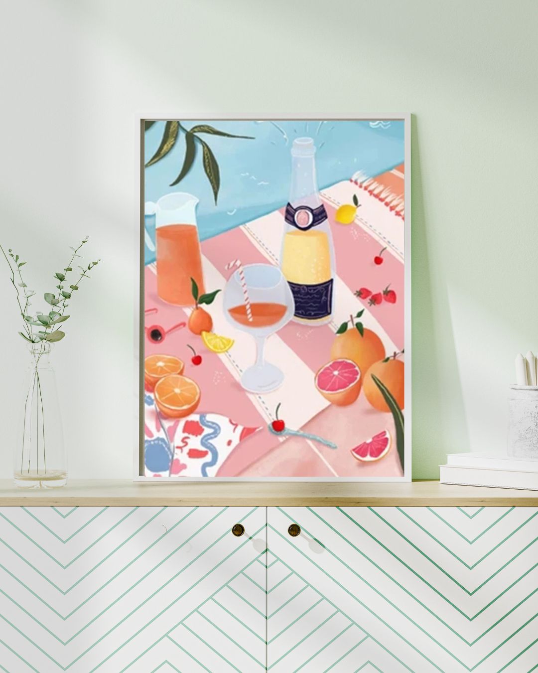 Détail de la toile de peinture par numéros Brunch d’Été au Bord de l’Eau avec fruits et boissons colorées