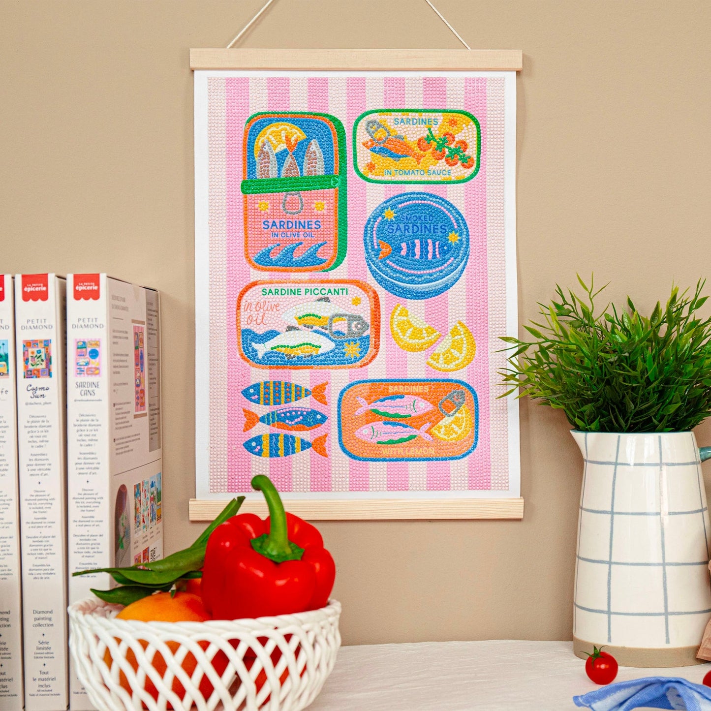 Toile diamond painting 30x40 Sardine Cans design pop rétro boîtes de sardines